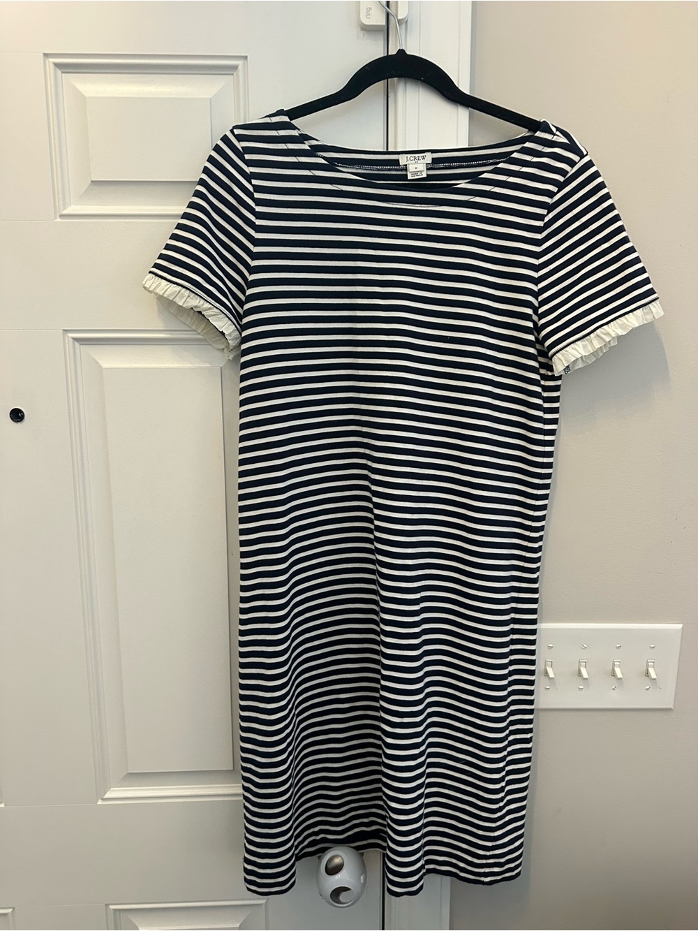 J. Crew navy and White Striped Short-Sleeve Midi Dress